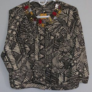 Ruby Rd Petite Aztec Print Tan/Black Jacket with Beaded Neckline- Size 14P